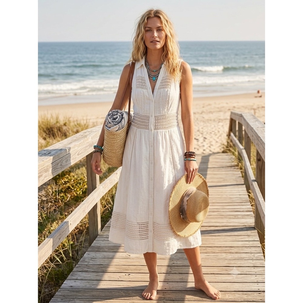 Anthropologie Maeve White‎ Cotton Eyelet Midi Dress 2 Boho Euro Summer Beachy
